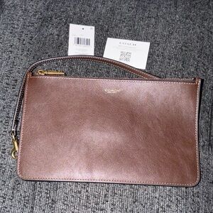 Coach New York Zip Pouch Wristlet in Brass/Maple Brown Natural Grain Leather NWT